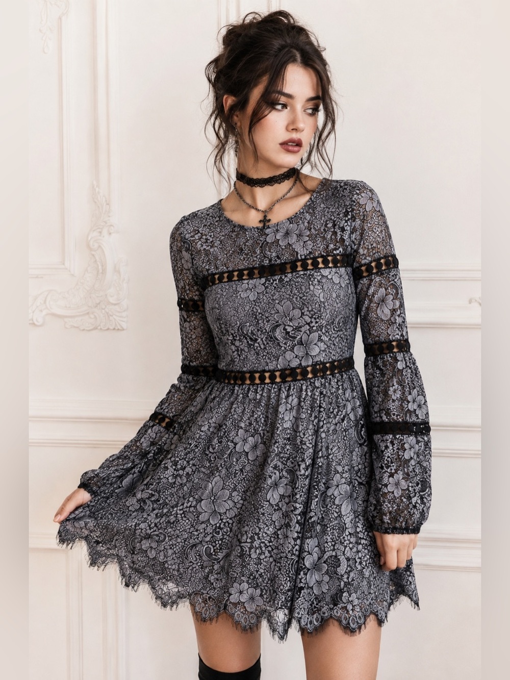 For Love & Lemons Theodora Lace Mini Dress Vintage Gray Black